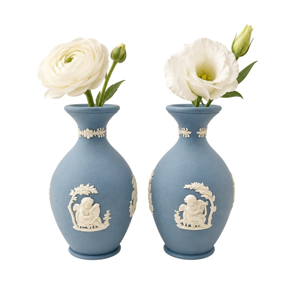 Vintage Wedgwood Blue Jasperware Bud Vases Pair White Cherub Relief Neoclassical